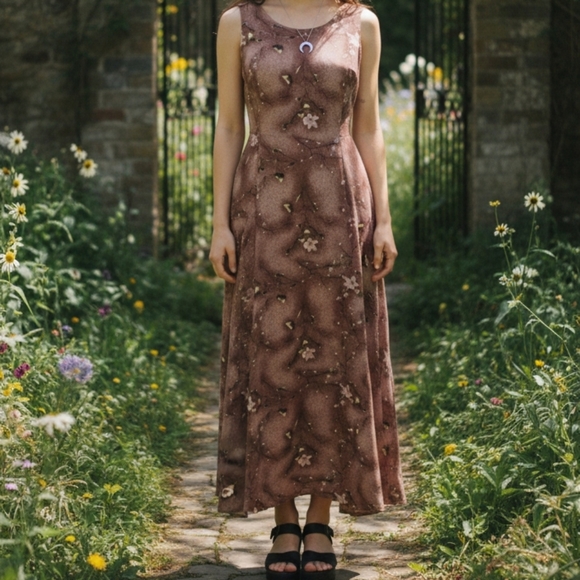 Vintage 90s Floral Maxi Dress Black Pink Cottagecore Whimsygoth Sun Brand S - Picture 3 of 12